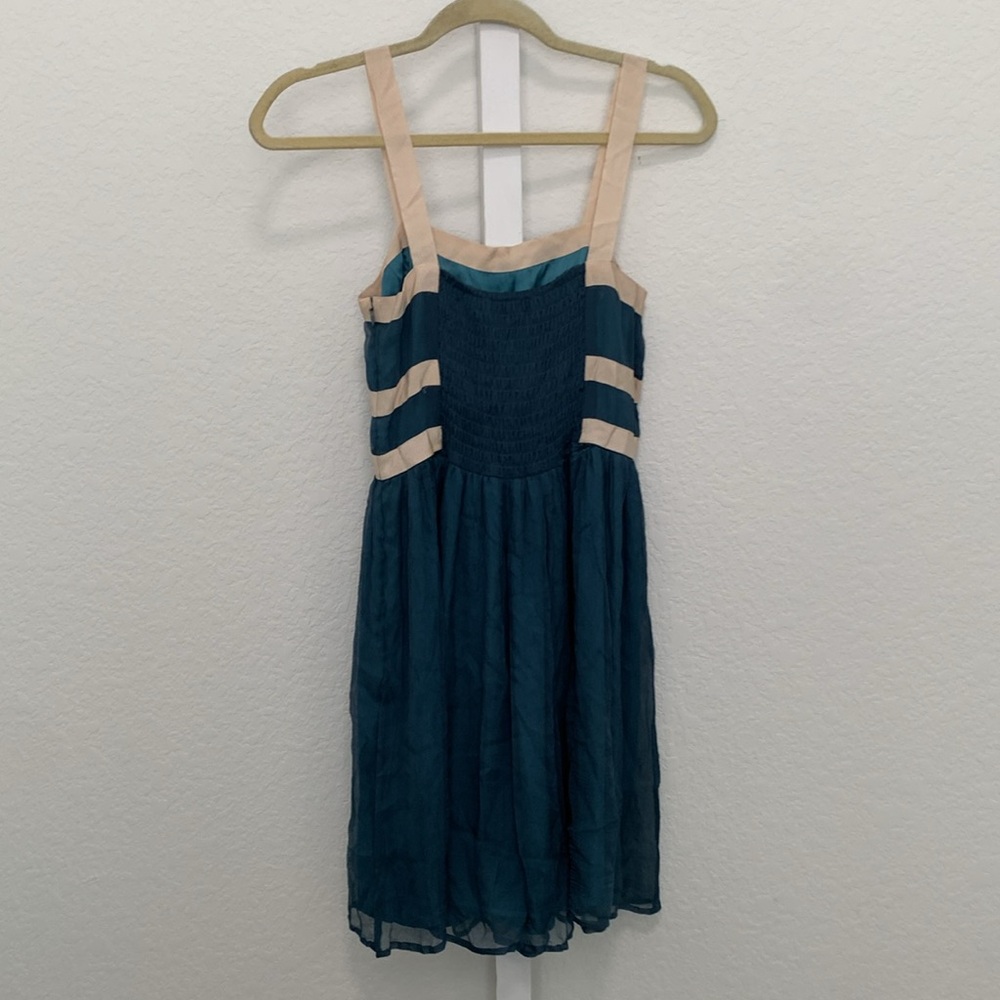 Burlapp Anthropologie Turquoise Cream Trim Silk Mini Dress - Picture 4 of 11